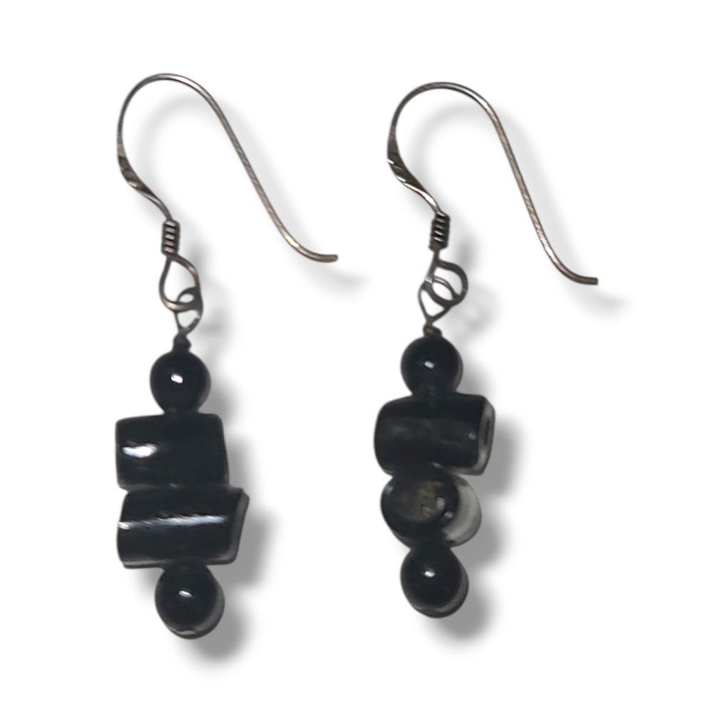 Vintage Sterling Silver 925 Black Stone Tube‎ Bead Dangle Drop Earrings